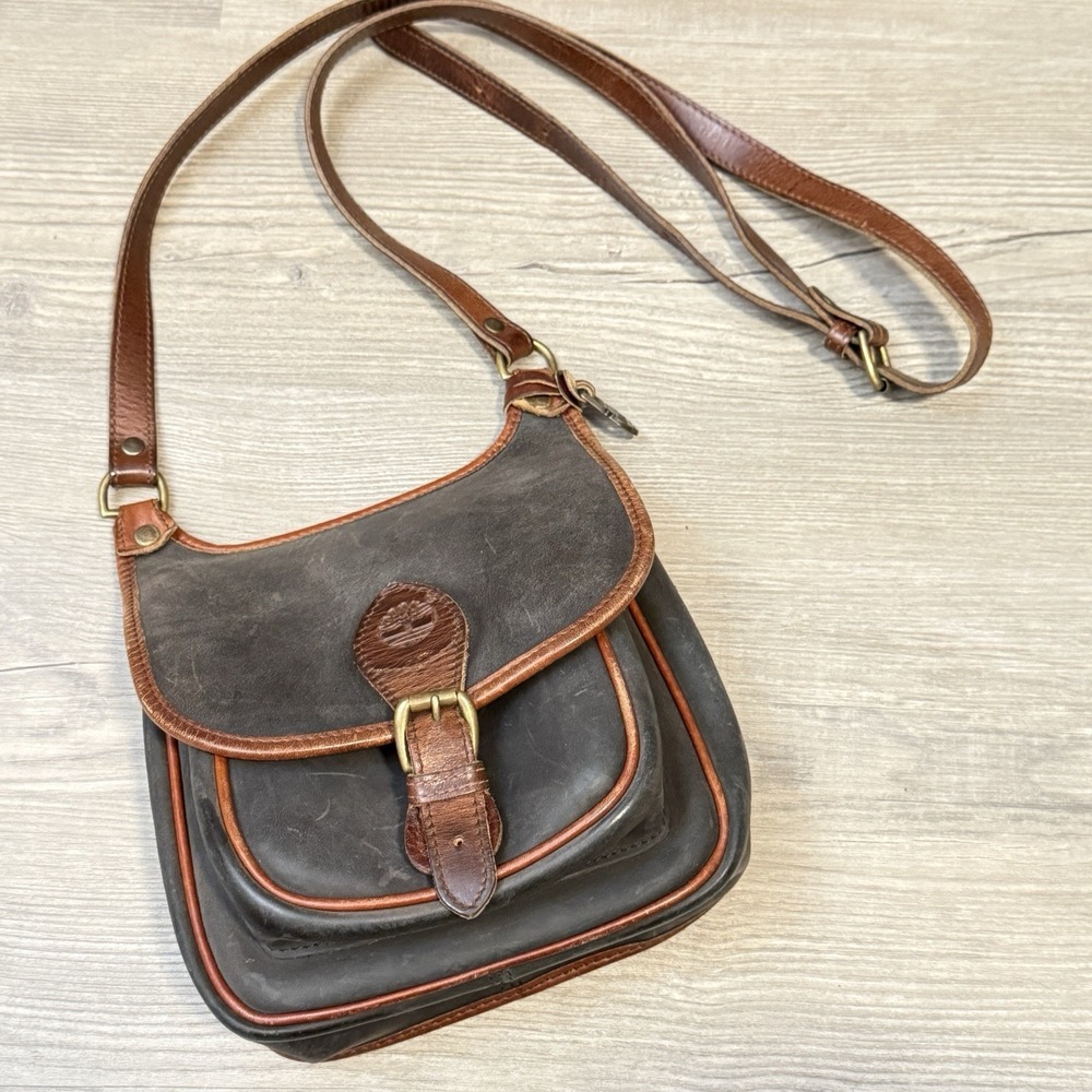 Vintage Timberland Leather Brown Black Crossbody Purse Saddle Bag Front Flap